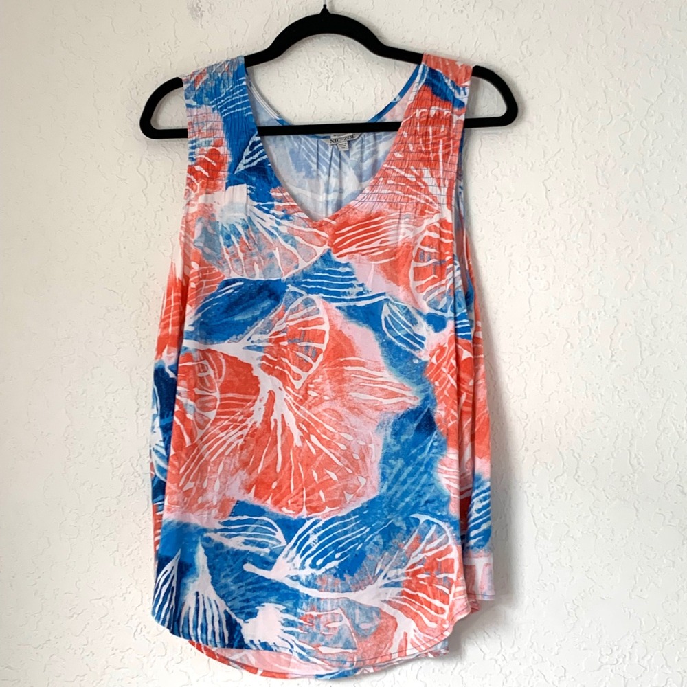 NIC+ZOE Tank Top Women M Blue Coral Tropical Coastal Resort Quiet Luxury Travel